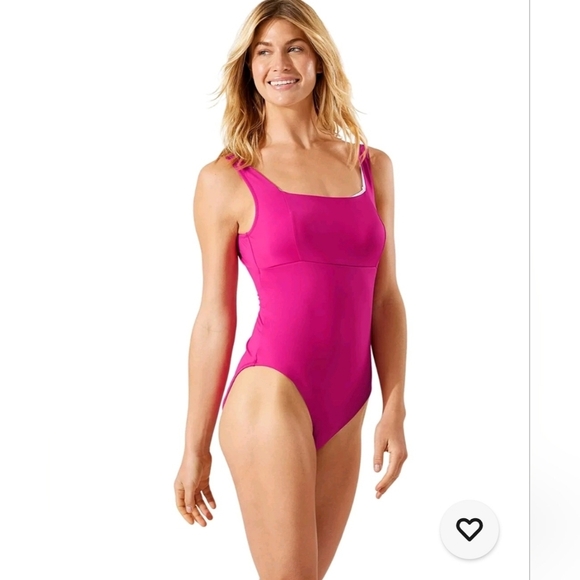 New Tommy Bahama Pink Palm Modern Square Neck One-Piece Swimsuit Size 16 - Picture 1 of 7